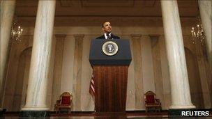 President Obama giving a statement in the Grand Foyer of the White House