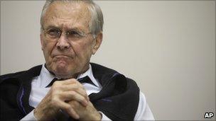 Former Defence Secretary Donald H Rumsfeld is interviewed at his office in Washington, on Thursday, Jan. 20, 2011