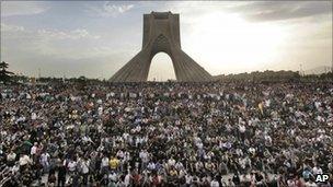 Iranians throng Azadi (Freedom) Square in support of presidential candidate Mir Hossein Mousavi, who claimed fraud had marred the recent presidential election, in Tehran, Iran, on 15 June 2009