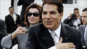 File photo (2009) of then Tunisian President Zine al-Abidine Ben Ali and his wife Leila in Carthage, near Tunis