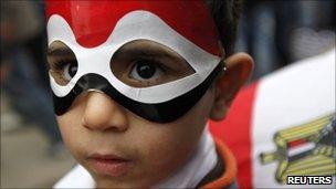 A young masked boy on Cairo's Tahrir Square (7 Feb 2011)