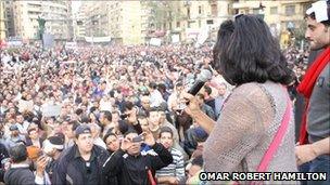 Ahdaf Soueif speaks to the crowd in Cairo's Tahrir Square (Photo: Omar Robert Hamilton)