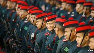Nepalese soldiers take part in a ceremony at Hanumandhoka, a palace built in the 16th century