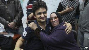 Wael Ghonim, a Google executive, hugs the mother of Khaled Said, a young businessman who died last June at the hands of undercover police, at Cairo's Tahrir Square. Photo: 8 February 2011