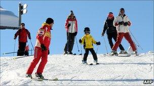 Skiers in Megeve, France - 4 Dec 10