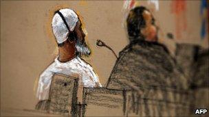 A courtroom illustration from Guantanamo Bay