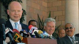 William Hague at a press conference in Yemen