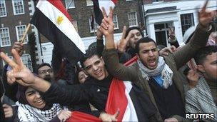 Egyptians celebrate outside their embassy in London