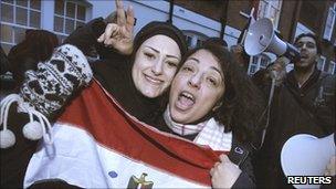 Egyptians celebrate outside their embassy in London