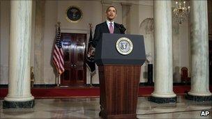 President Barack Obama makes a statement on the resignation of Egypt's President Hosni Mubarak in the Grand Foyer at the White House in Washington, 11 February 2011.