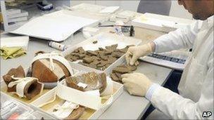 A student counts ceramic fragments of Machu Picchu artefacts at Yale. Photo: February 2011