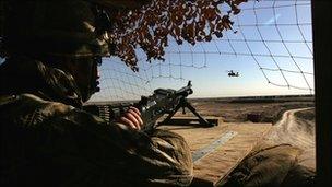British soldier mans machine gun in Afghanistan