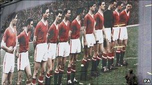 A poster of the Busby Babes marking the 50th anniversary of the disaster