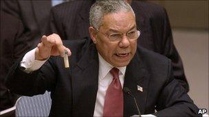 Former US Secretary of State Colin Powell shows vial which could contain anthrax at UN Security Council in February 2003