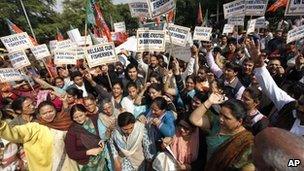 India's main opposition Bharatiya Janata Party supporters shout slogans against Sri Lanka at a protest near the Sri Lankan embassy in New Delhi, India, Wednesday, Feb. 16, 2011.