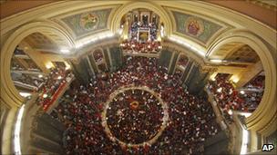 Protesters gather in the Wisconsin state capitol building