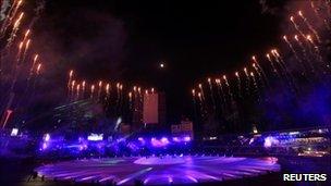 Fireworks explode during opening ceremony for ICC Cricket World Cup in Dhaka