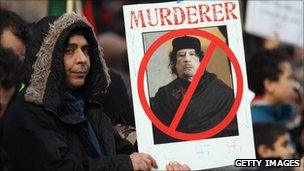 Demonstrators opposed to the regime of Libyan leader Col Muammar Gaddafi gather in Hyde Park on February 17, 2011 in London, England