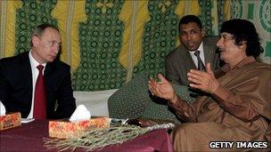 President Vladimir Putin of Russia meets Libyan leader Muammar Gaddafi in Tripoli, 16 April 2008