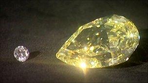 One-carat diamond next to the 100-carat yellow diamond