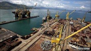 Aerial view of the construction of a Petrobras oil platform in Angra dos Reis.