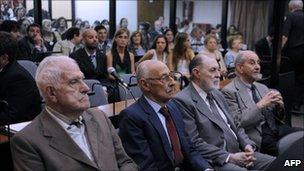 From left to right: Reynaldo Bignone, Jorge Rafael, Jose Luis Magnacco Ruben Franco at the start of their trial in Buenos Aires on 28 February