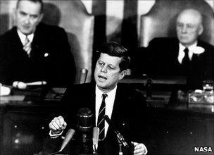John F Kennedy giving speech to Congress about the Moon