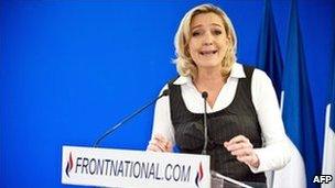 Marine Le Pen speaks at National Front headquarters in Nanterre, west of Paris, 21 February