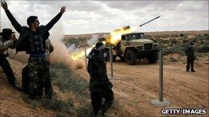 Libyan rebel soldiers near Ras Lanuf, 9 March