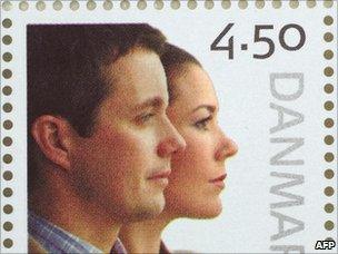 Danish postage stamp showing Crown Prince Frederik and Crown Princess - file pic