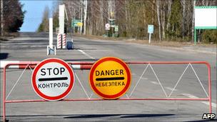 Stop signs outside Chernobyl site