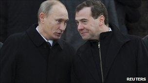Russian PM Vladimir Putin and President Dmitry Medvedev in Moscow (23 Feb 2011)
