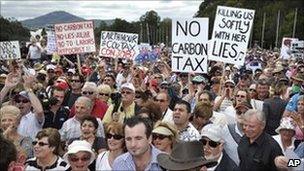 Anti carbon tax protesters outside Parliament House, Canberra, Australia, Wednesday, March 23, 2011
