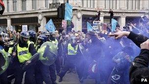 Groups of protesters and police