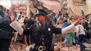The Jewish community centre Amia, in Buenos Aires, Argentina, after being bombed on 18 July 1994