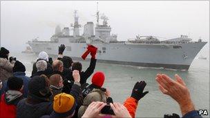 Well-wishers welcome HMS Ark Royal back to Portsmouth (3 Dec 2010)