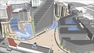 An artist's impression suggesting how the business district in Cardiff could look