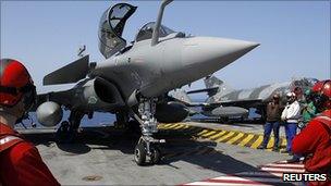 Rafale fighter jet on aircraft carrier Charles de Gaulle. 28 March 2011