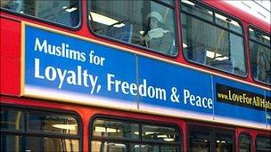 "Muslims for loyalty, peace and freedom" slogan on a London bus
