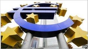 Picture of a giant sign of a Euro in front of the European Central Bank building