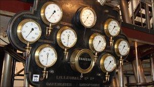 Dials on the restored steam-powered pumping engine