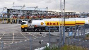 Petrol tankers lined up outside the Stanlow oil refinery in Cheshire