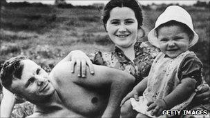 Yuri Gagarin with his wife Valentina and young daughter Elena, June 1, 1960