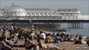 Sun seekers on Brighton beach