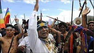 Marlon Santi, president of Ecuador's main indigenous federation, leading protests outside the summit.