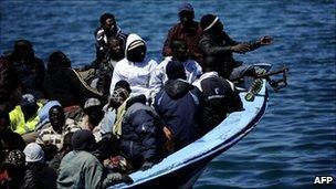 African migrants on a boat in the Mediterranean