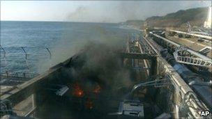 A small fire breaks out from facilities sampling seawater at the crippled Fukushima Daiichi nuclear power plant.