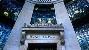 The front Portico entrance of BBC's Bush House in the Aldwych, London