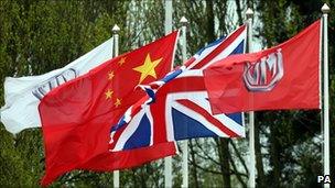 The Union flag, Chinese flag and the MG standard flies at Longbridge