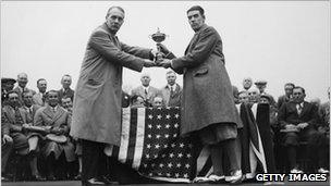 Samuel Ryder (left) presenting the Ryder Cup in 1929